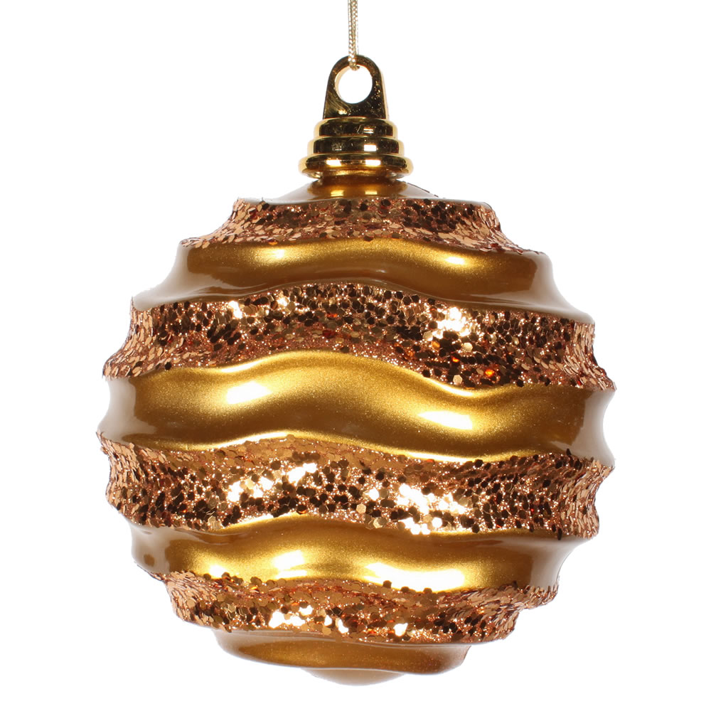 6 Inch Antique Gold Candy Glitter Wave Round Christmas Ball Ornament