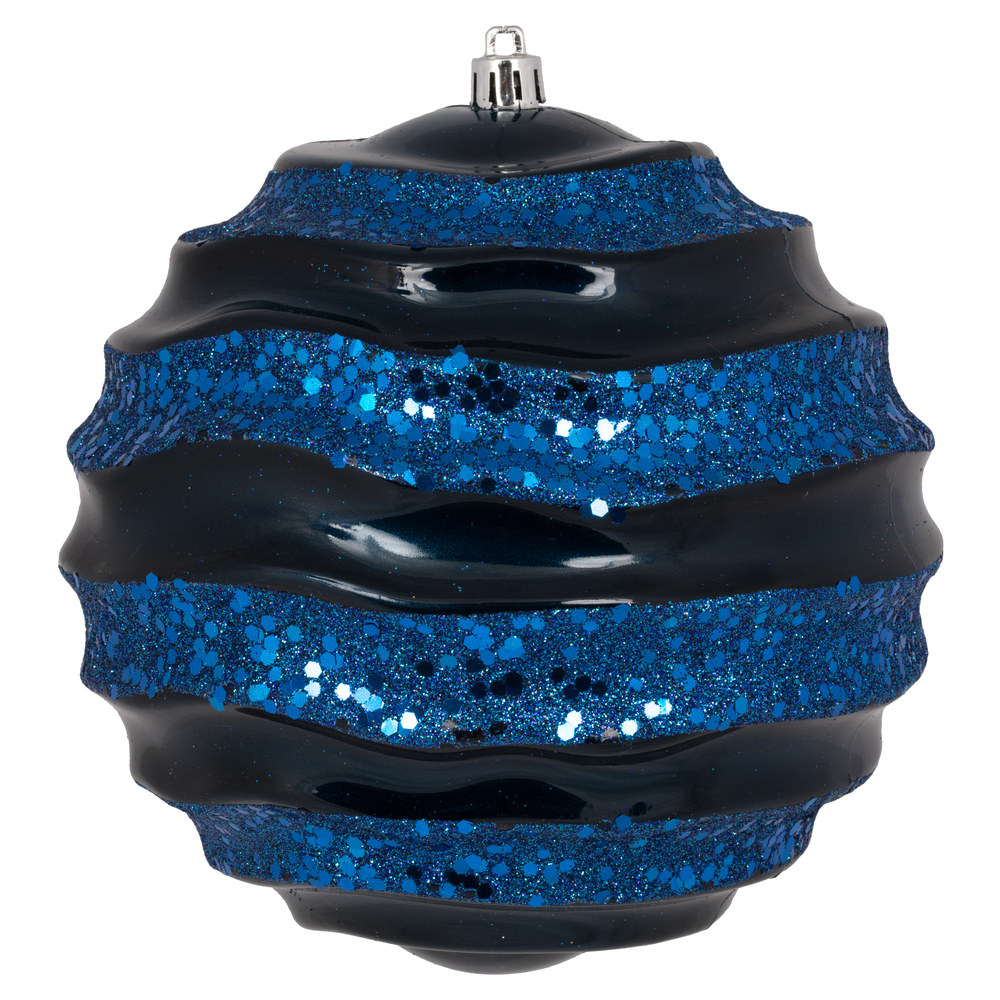 6 Inch Midnight Blue Candy Glitter Wave Round Christmas Ball Ornament