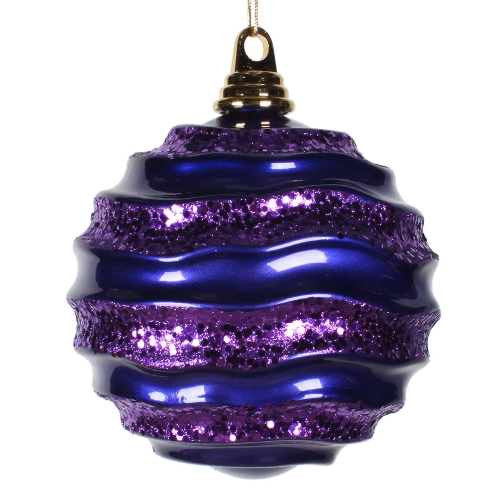 6 Inch Purple Candy Glitter Wave Round Mardi Gras Ball Ornament