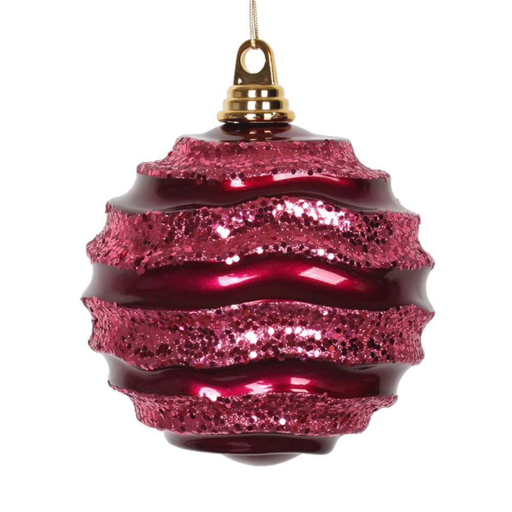 6 Inch Fuchsia Candy Glitter Wave Round Christmas Ball Ornament