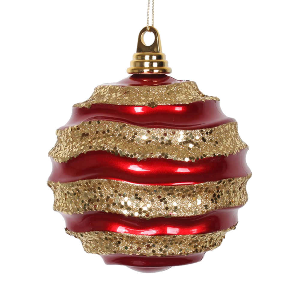 6 Inch Red and Gold Candy Glitter Wave Round Christmas Ball Ornament