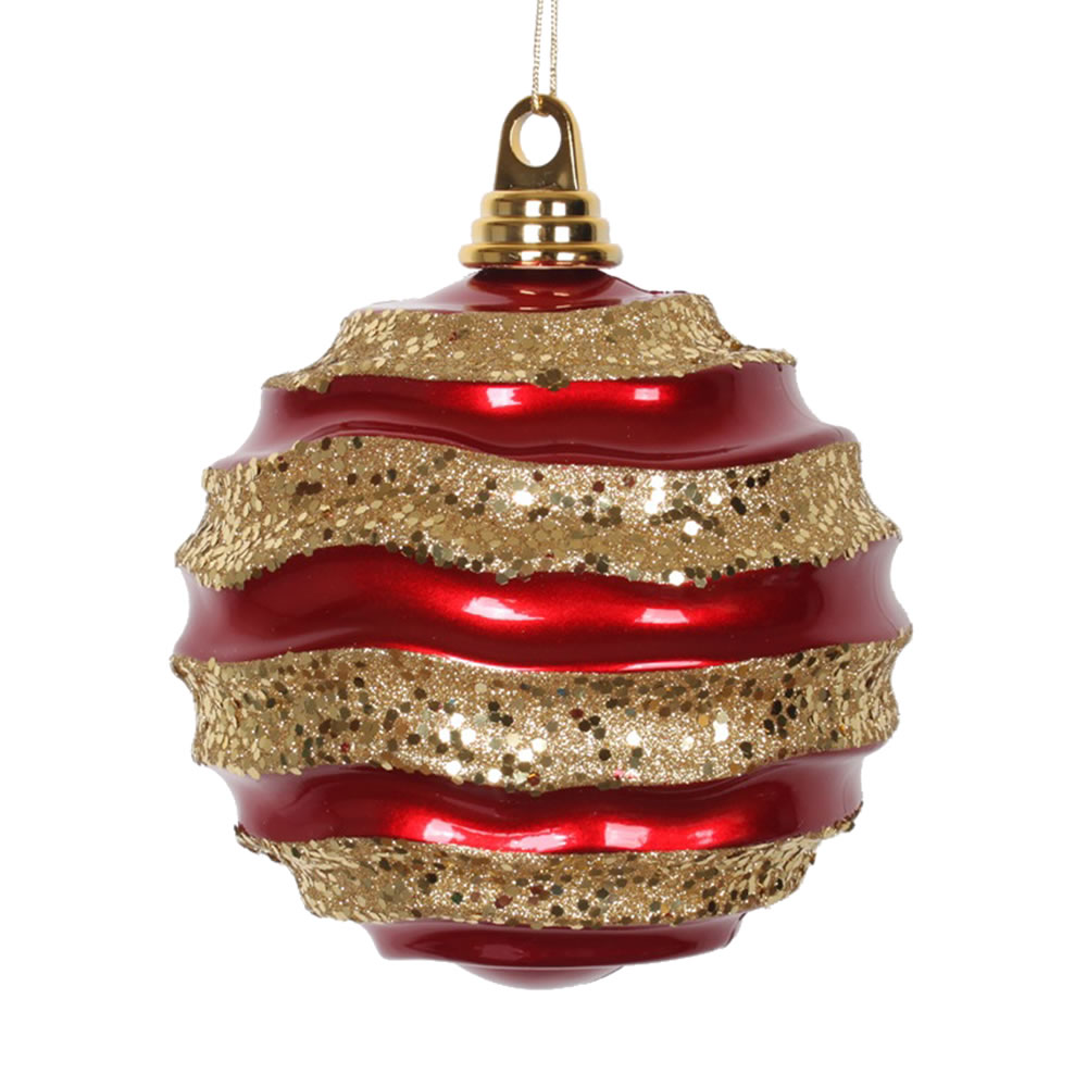 Christmastopia.com 6 Inch Red and Gold Candy Glitter Wave Round Christmas Ball Ornament