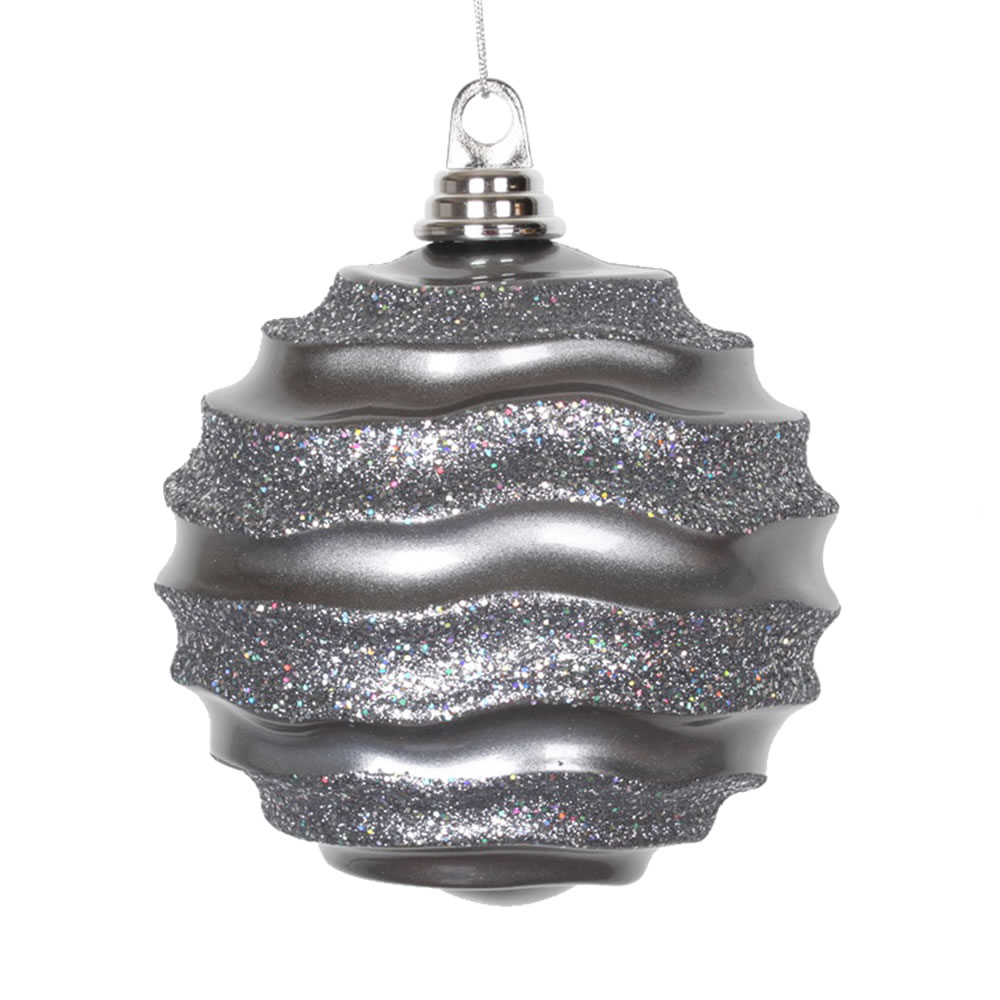 6 Inch Pewter Candy Glitter Wave Round Christmas Ball Ornament