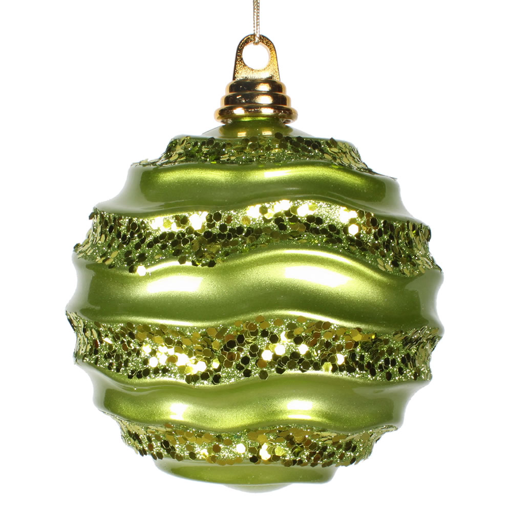 6 Inch Lime Green Candy Glitter Wave Round Christmas Ball Ornament​