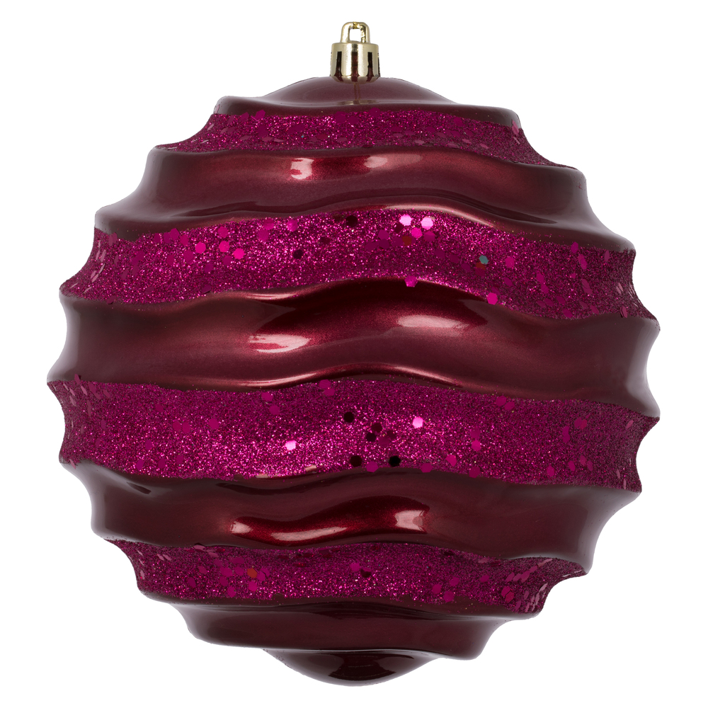 6 Inch Berry Red Candy Glitter Wave Round Christmas Ball Ornament​
