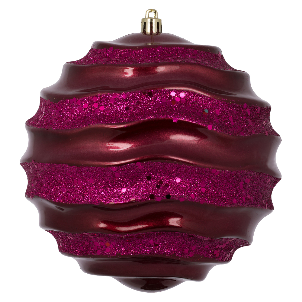8 Inch Berry Red Candy Glitter Wave Round Christmas Ball Ornament​