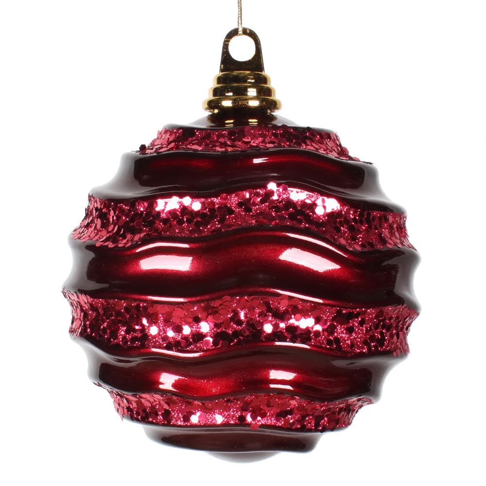 8 Inch Burgundy Candy Glitter Wave Round Christmas Ball Ornament​