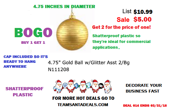  DEAL014: Buy One Get One Free Large Gold Glittered Plastic Ornaments Pack of 2 Only $5.00
